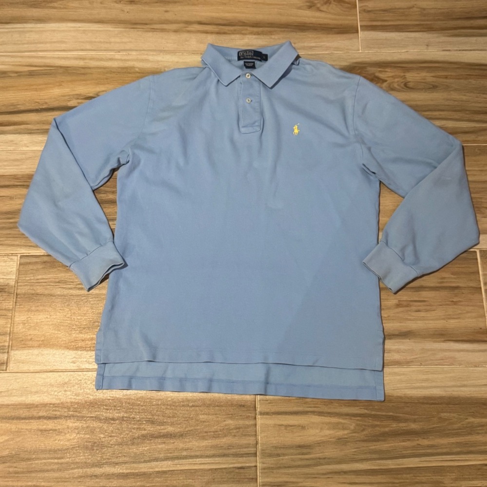 Polo Ralph Lauren Mens Large Blue Long Sleeve Pique Polo Shirt Yellow Pony Logo